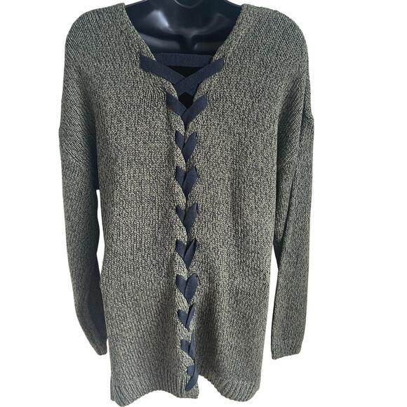 Soft Grunge Olive‎ Knit Sweater Oversized Slouchy V-Neck Lace Up Back Indie L - Picture 3 of 6